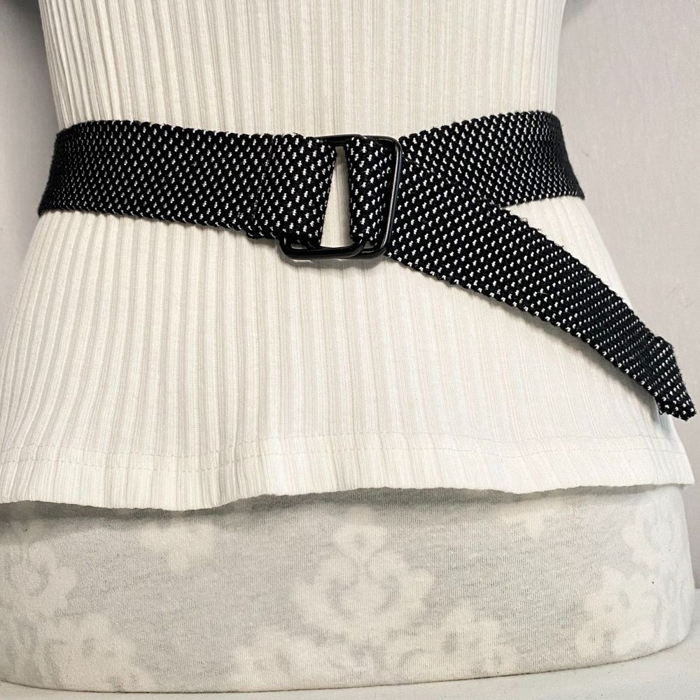 💎Womens Textured Fabric Belt Small Black White Jacquard Pattern D Ring Buckle